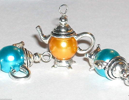 Silver Teapot Bead Cap, silver 3D charm with top and bottom, two piece sets