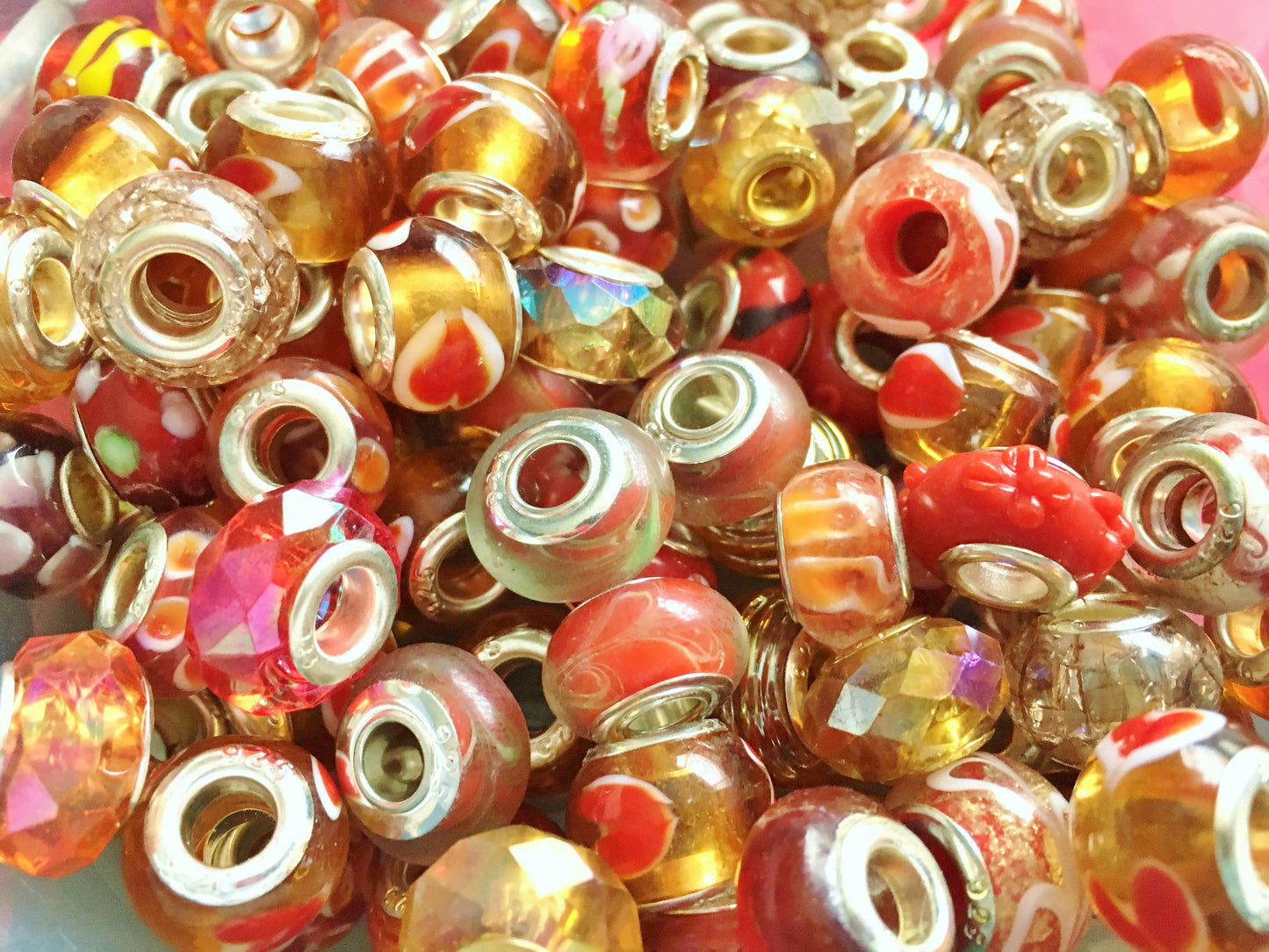 Glass beads European bulk mix, big hole beads in assorted red orange and gold tones