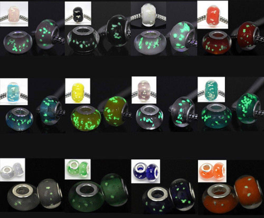 Glass European Glow in the Dark Beads , Luminous mix, assorted color big hole beads