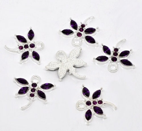 Dragonfly charms, glass rhinestone dragonflies with silver back, assorted color charms