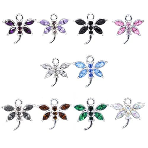 Dragonfly charms, glass rhinestone dragonflies with silver back, assorted color charms