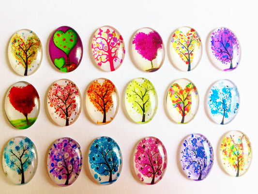 Tree cabochon, Glass oval cabochon tree lot for jewelry pendant charm mix trees  18mm x 25mm , clearance