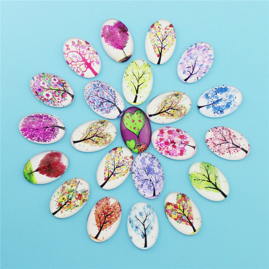 Tree cabochon, Glass oval cabochon tree lot for jewelry pendant charm mix trees 18mm x 25mm , clearance