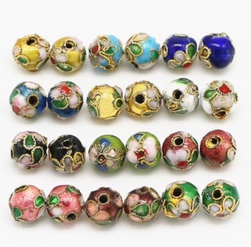 Cloisonné enamel beads  ,  6mm metal beads with raised pattern, floral design with gold trim border, assorted mix or choose single colors