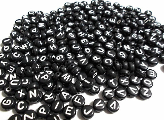 Black alphabet beads, acrylic letter Beads Round 7mm with white letter, choose your letter or bulk beads, DIY bracelet beads