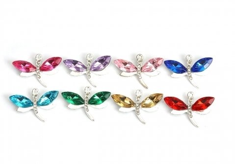 Dragonfly charms, acrylic Rhinestone large dragonflies on metal alloy in assorted colors