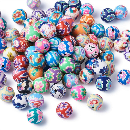 Polymer clay flowered 10mm bead, mixed colors, floral patterned  assorted colors style bead mix