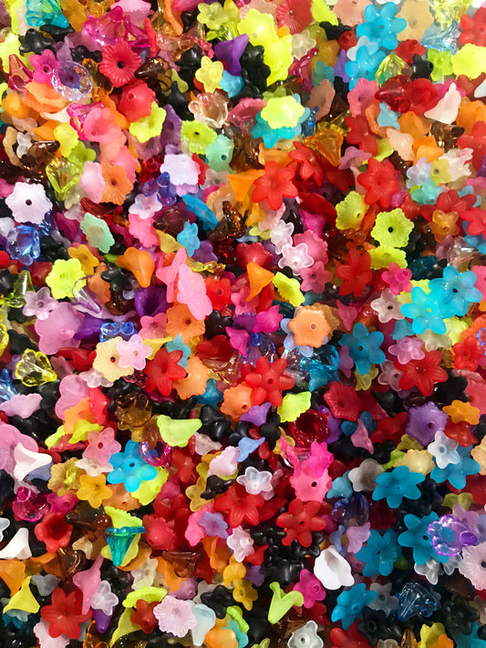 Flower bead cap mix, assorted bulk actylic flowers in mixed colors and styles, lightweight beads jewelry making