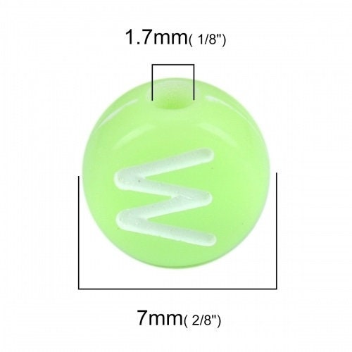 Alphabet bead, clear green with white letters, 7mm round letter beads, choose your letter or bulk beads, DIY bracelet beads