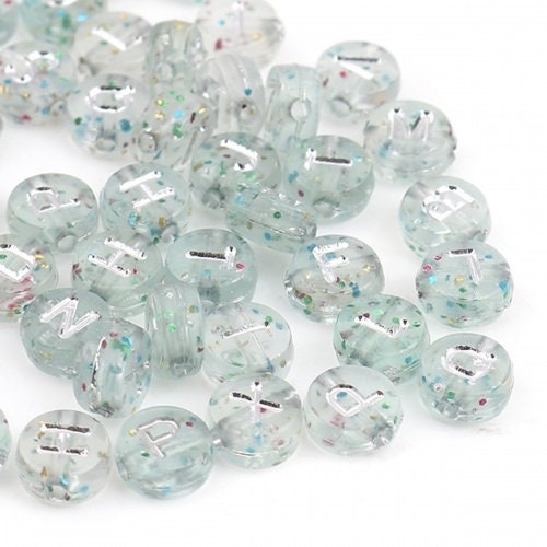 Alphabet bead, Clear with silver glitter , 7mm round letter beads, choose your letter or bulk beads, DIY bracelet beads