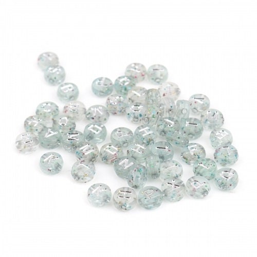 Alphabet bead, Clear with silver glitter , 7mm round letter beads, choose your letter or bulk beads, DIY bracelet beads