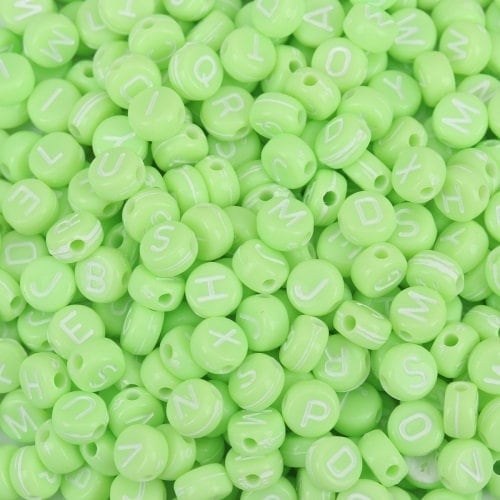 Alphabet bead, clear green with white letters, 7mm round letter beads, choose your letter or bulk beads, DIY bracelet beads