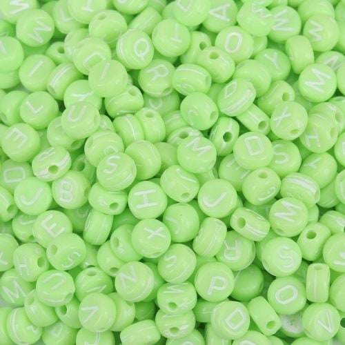 Alphabet bead, clear green with white letters, 7mm round letter beads, choose your letter or bulk beads, DIY bracelet beads