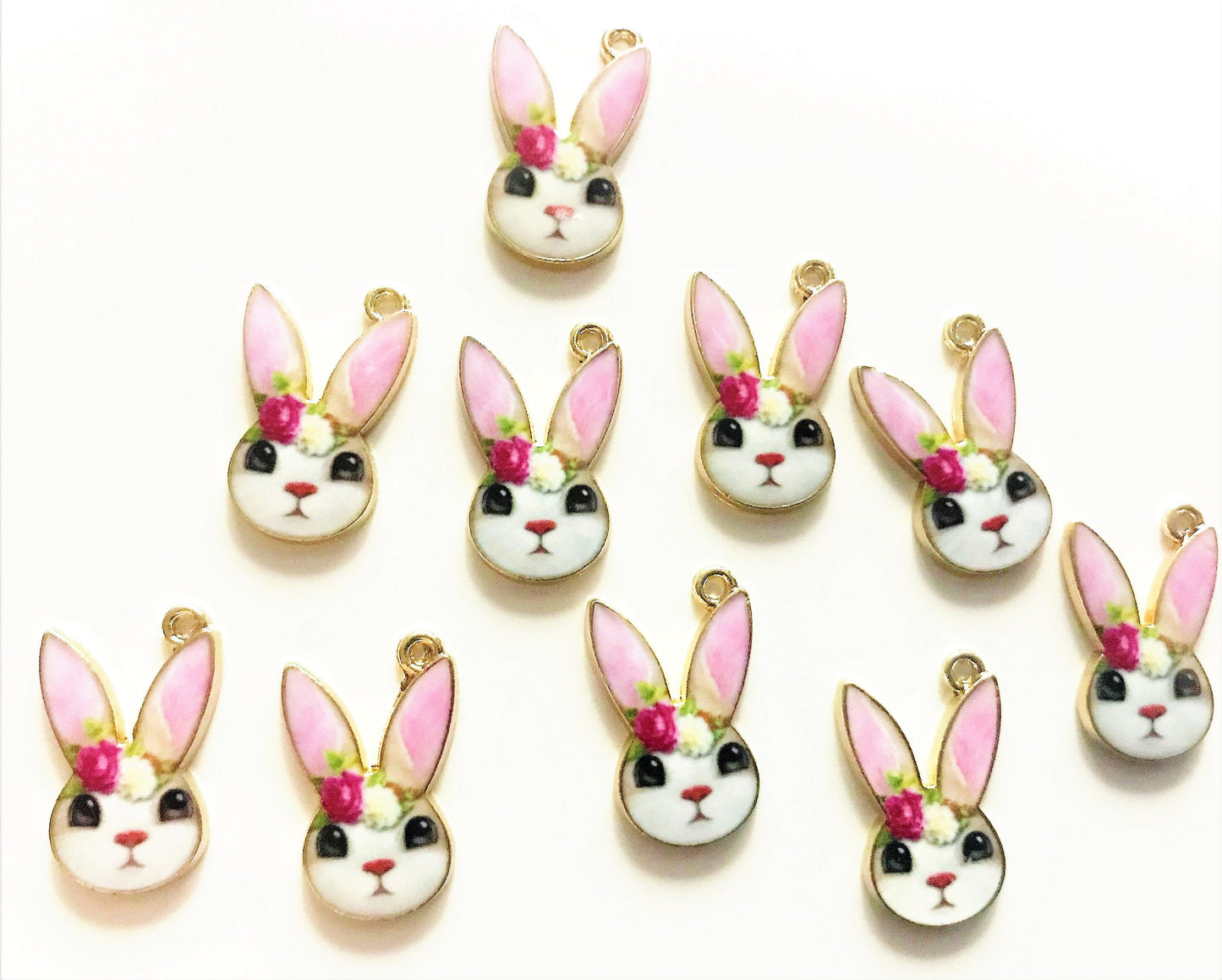 Easter bunny charms enamel rabbit pink ear with rose on head pendant charm gold backed metal charms girly bunny charm