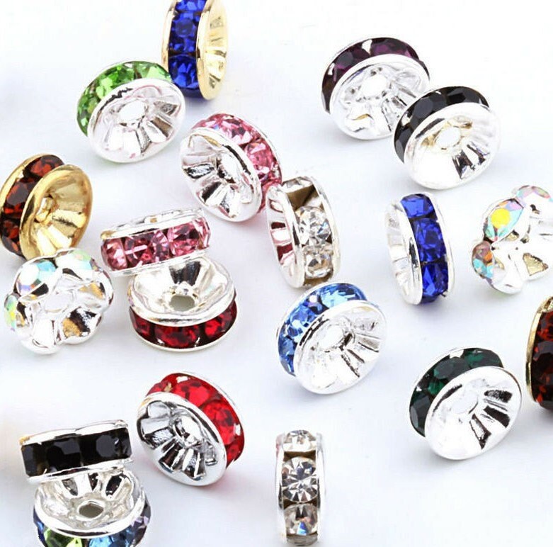 Rondelle spacers, rhinestone spacers, plated 8mm crystal bead spacers, assorted mixed colors
