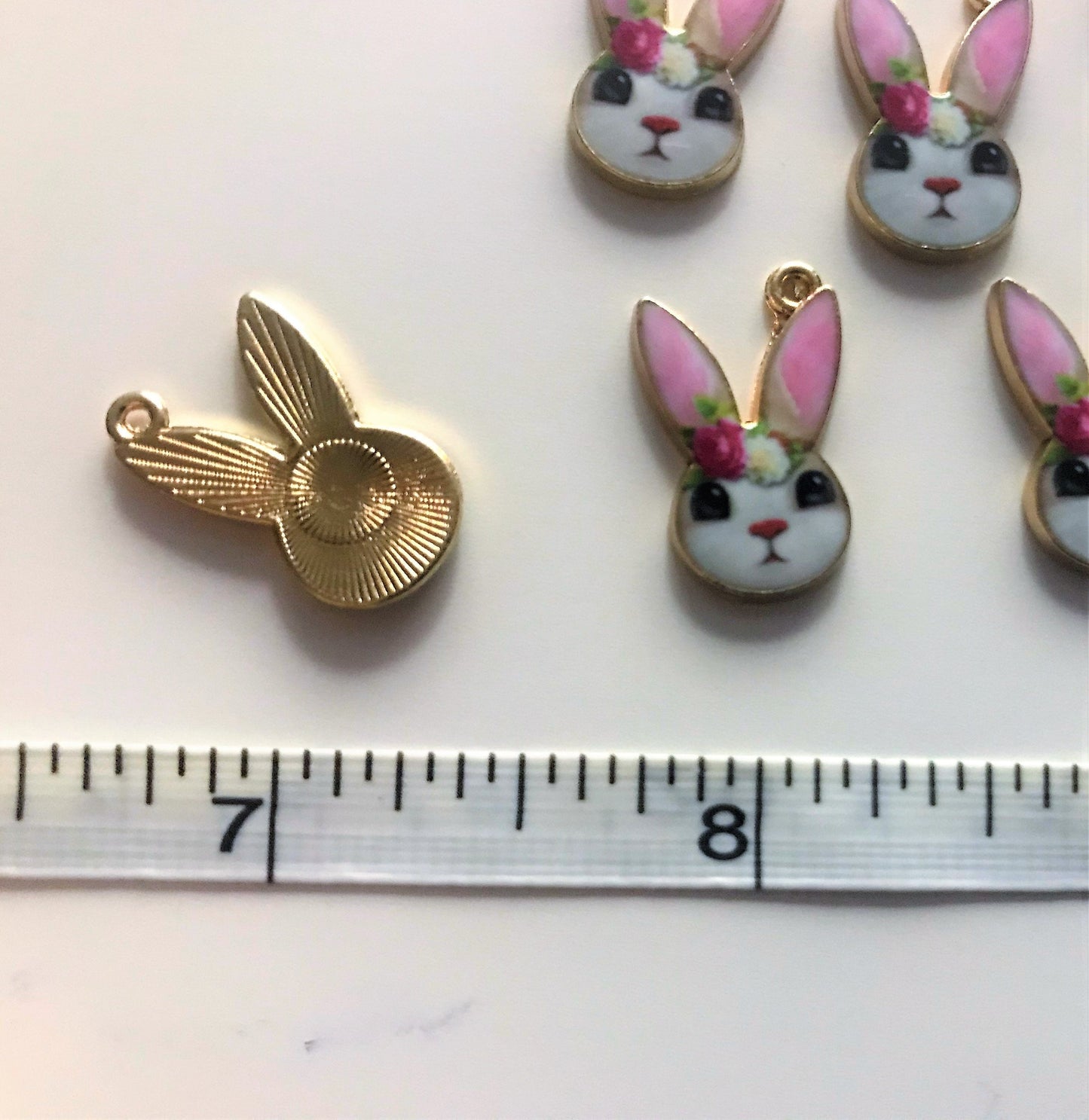 Easter bunny charms enamel rabbit pink ear with rose on head pendant charm gold backed metal charms girly bunny charm