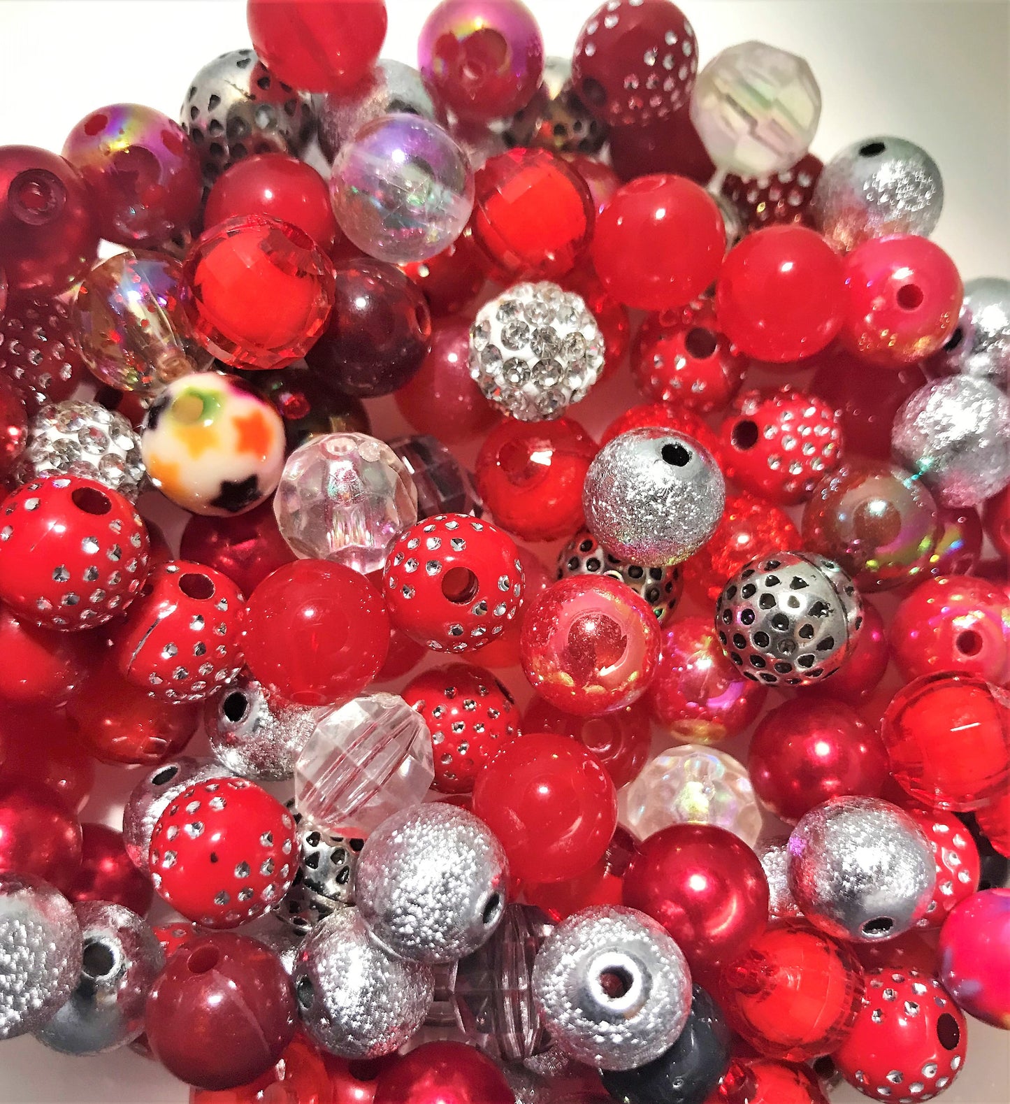 Red bubblegum bead mix, acrylic 12mm beads, assorted mix red silver theme Passion lot bead soup