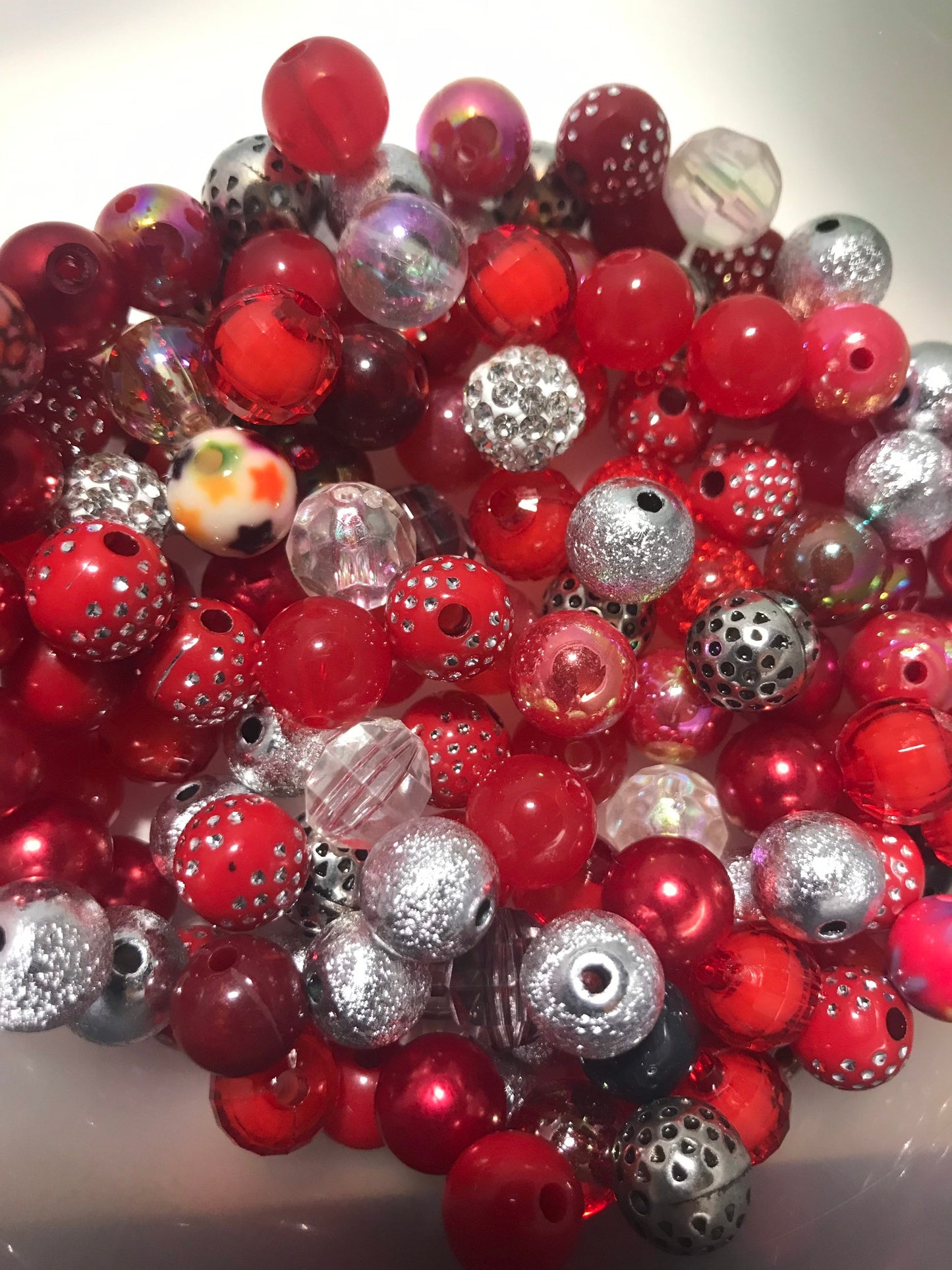 Red bubblegum bead mix, acrylic 12mm beads, assorted mix red silver theme Passion lot bead soup