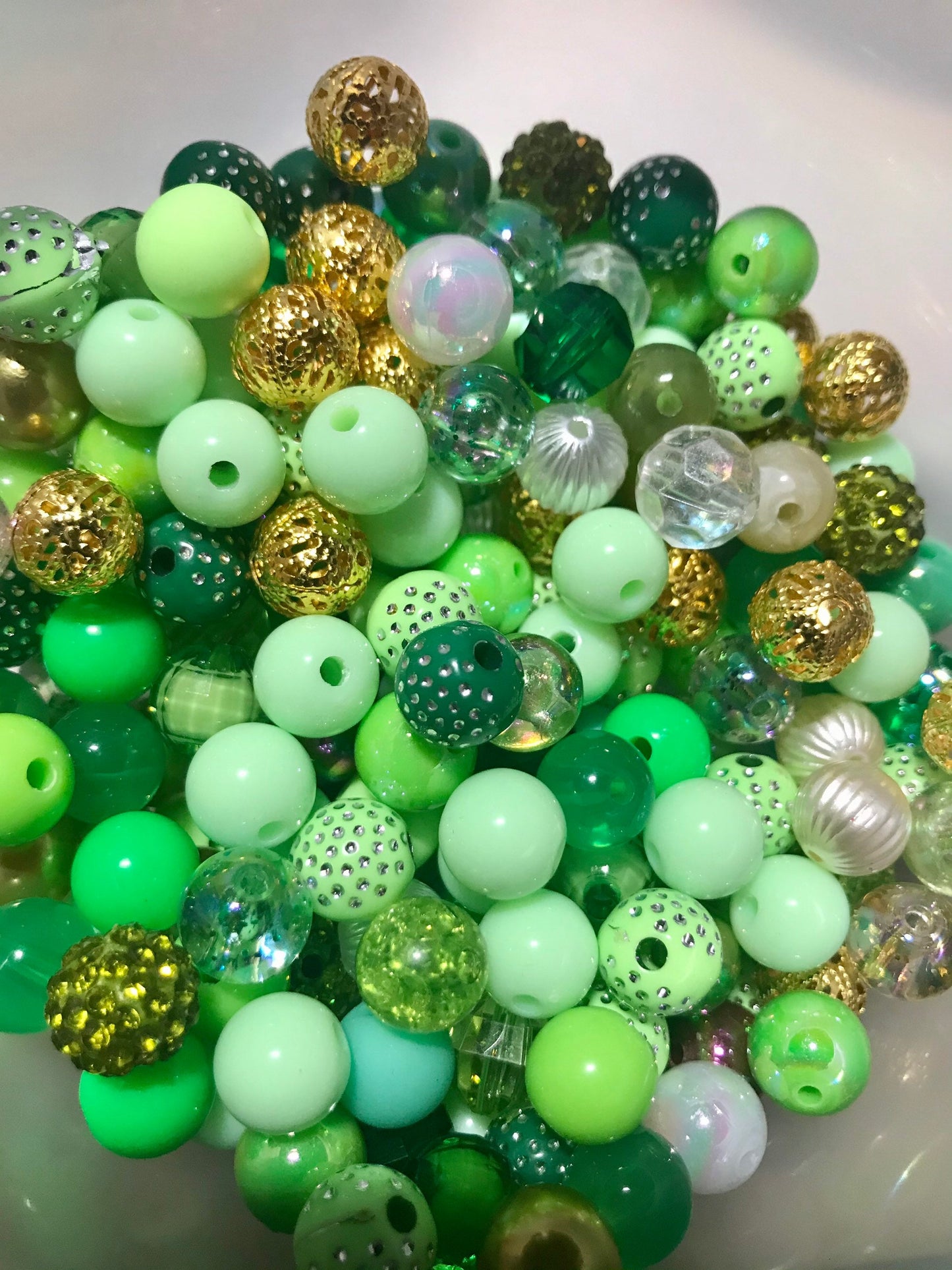 Green bubblegum bead mix, Acrylic 10mm assorted mix Green and Gold theme mix styles pick lot variety mix