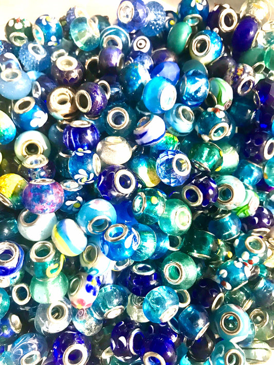 Glass European beads, bulk euro big hole beads, assorted blue shades mix
