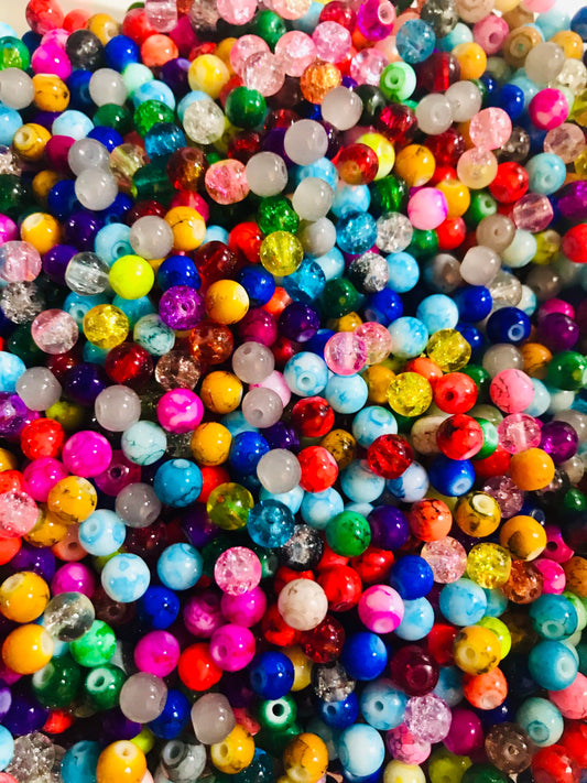 Glass bead mix bulk 6mm Assorted  bead soup, assorted colors and patterns in solid, pearly or patterned styles
