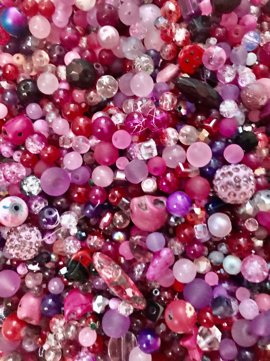 Pink bead soup, assorted glass with pink, purple and red bead mix of beads