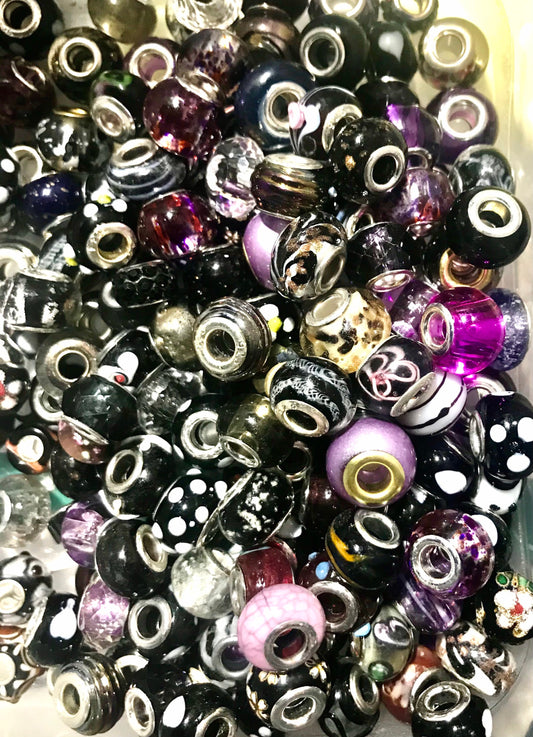 Glass beads European Bulk mix, big hole assorted black and purples