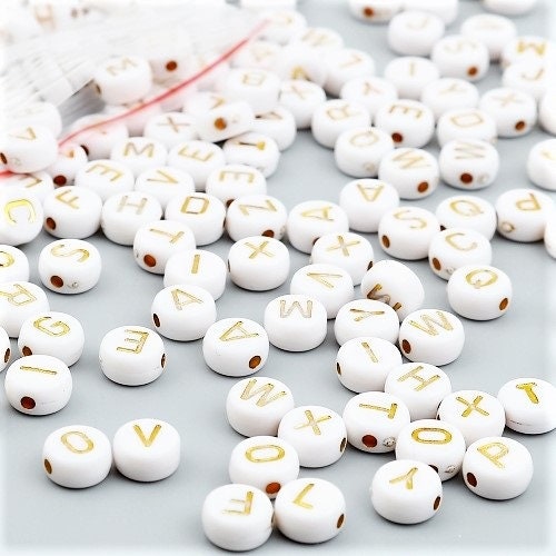 White alphabet bead with gold letters, bulk pack lot 50 or 100 individual letter single letters , 7mm beads in bulk lots