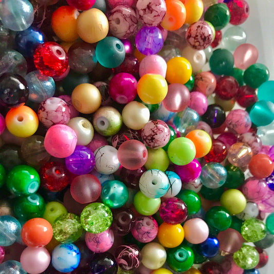 Glass bead mix bulk 8mm Assorted  bead soup, assorted colors and patterns in solid, pearly or patterned styles