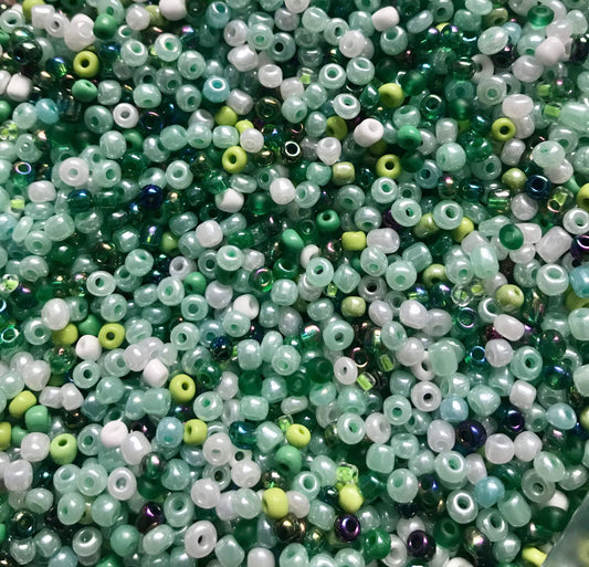 Green Seed Bead Mix, assorted colors and sizes glass bead mix, in green black and gray