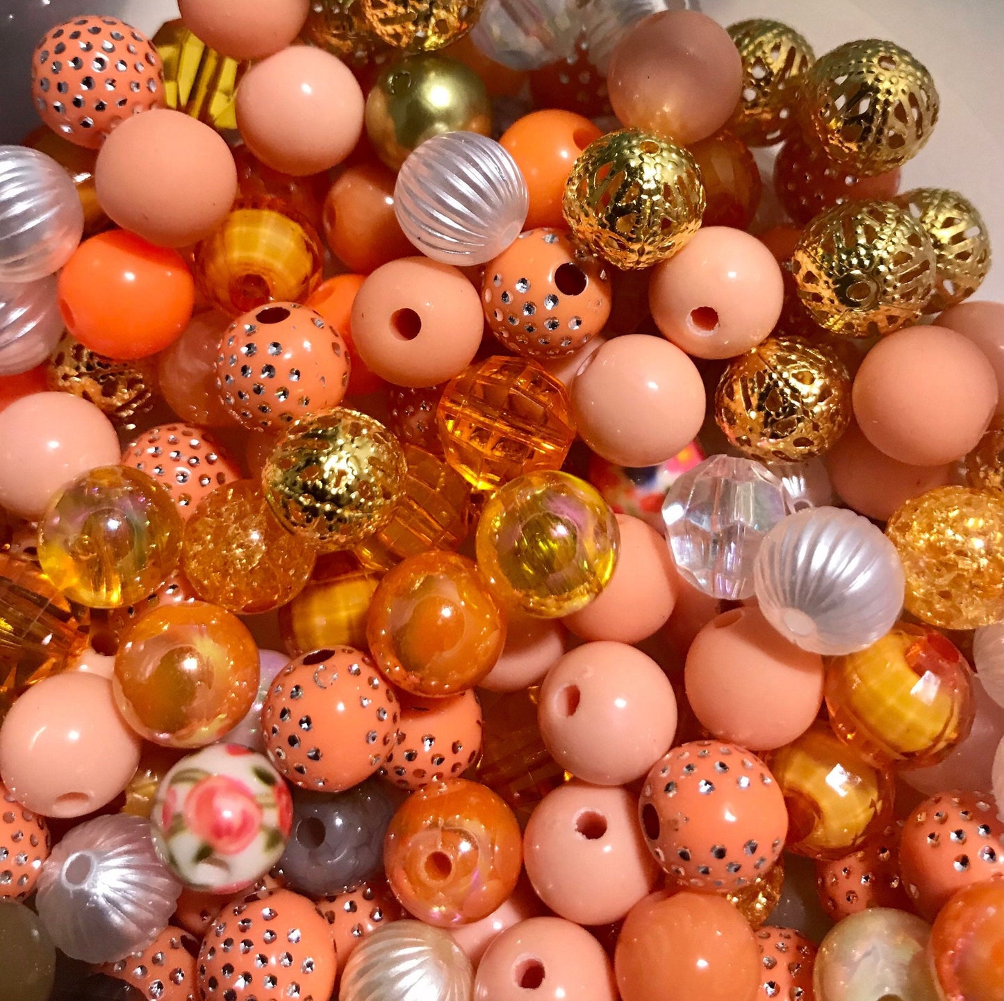 Orange bubblegum beads, 8mm acrylic bead assorted bulk mix Orange and Peach themes bead soup