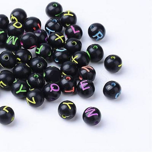 Round ball alpabet bead, black with colored letter beads, 8mm acrylic letter beads, assorted color letters