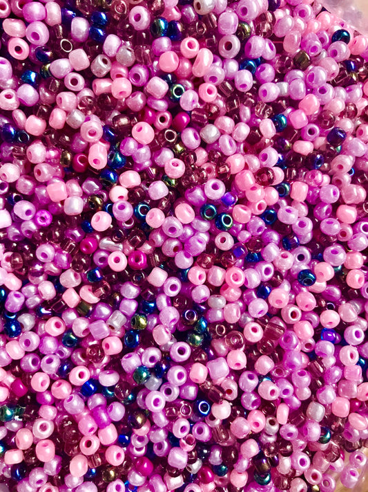 Pink Seed Bead Mix  assorted colors and sizes glass bead mix,  in pinks and purples