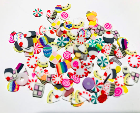 Polymer Clay candy and cupcake mix,  assorted slices in mixed patterns and colors bulk mix
