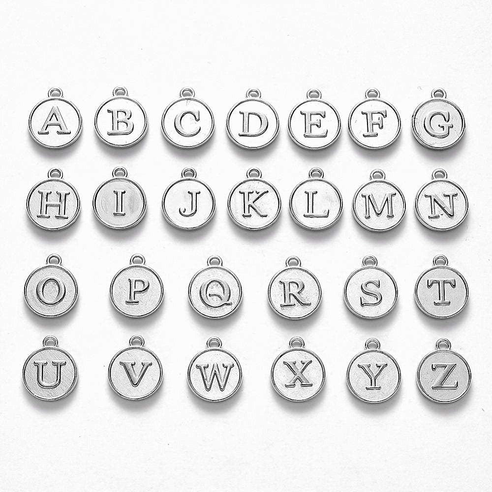 Silver imprint Alphabet Set 26 Platinum Silver tone letter set double sided raised letter metal alloy 14mm charm set