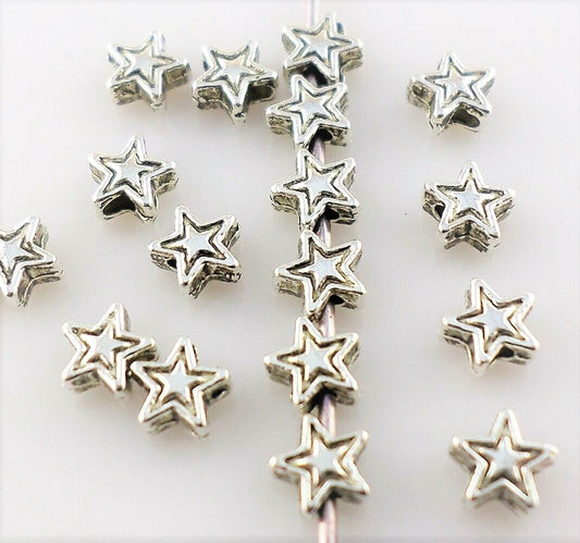 Star spacer bead, Tiny Silver star metal beads,  antique silver tone 4mm bead engraved pattern bead