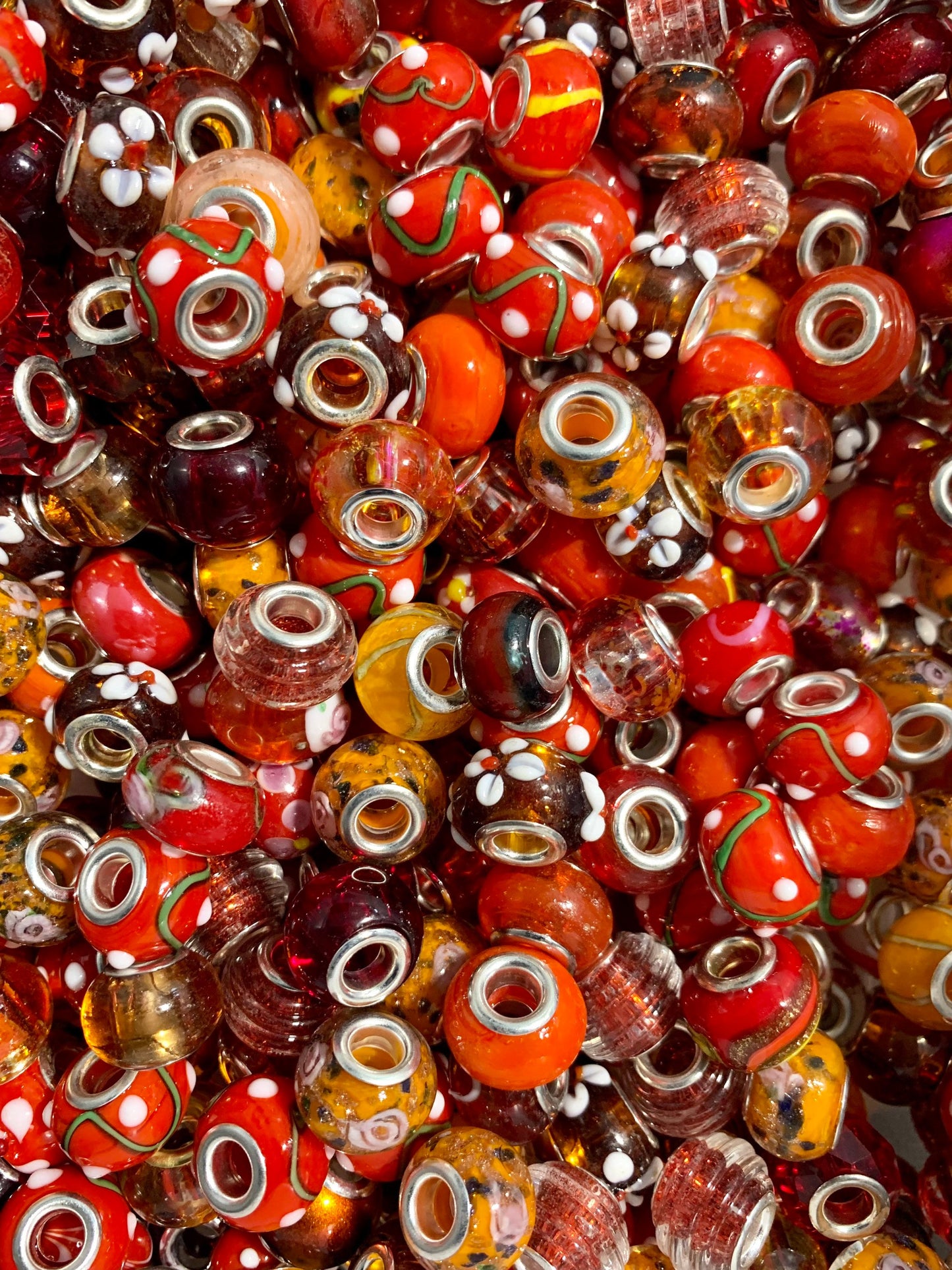 Glass beads European bulk mix, big hole beads in assorted red orange and gold tones