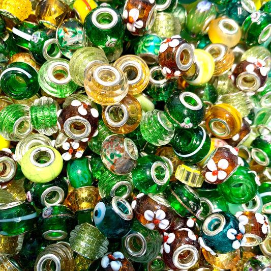 Glass beads European bead s, big hole euro beads, assorted shades of greens and yellows