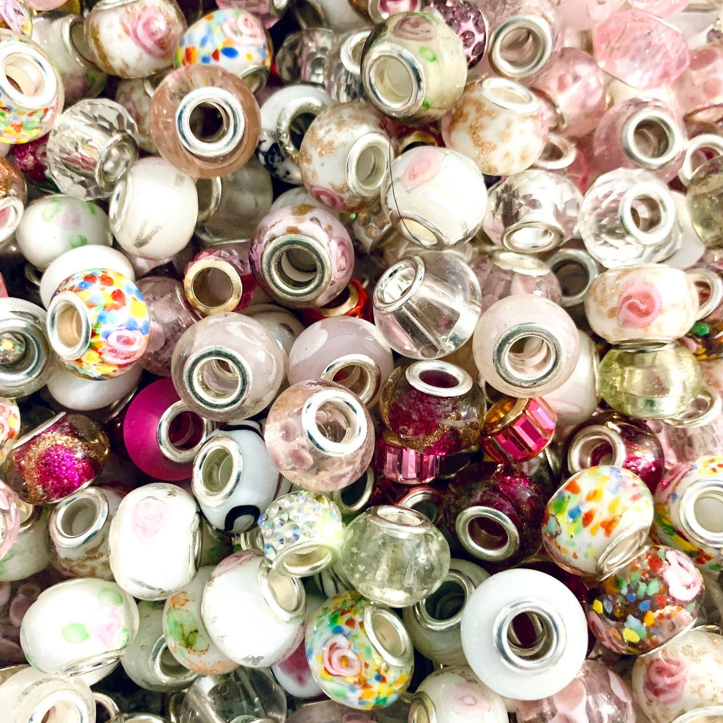 European Glass beads, big hole beads , assorted white and pink shades