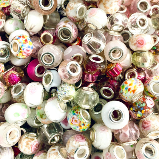 Glass beads European Bulk Mix , Big Hole Bead assorted pink and white beads mixed styles