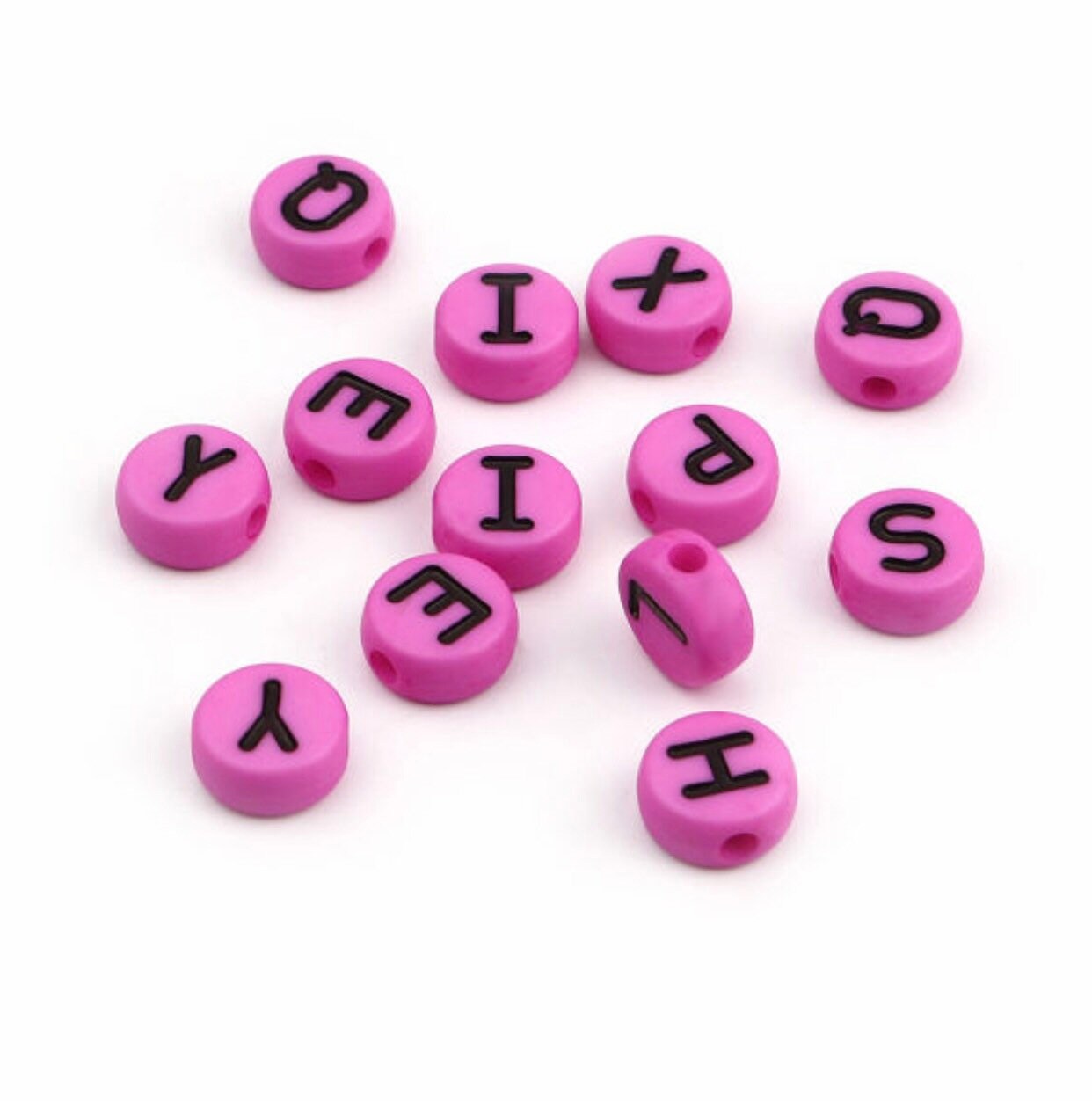 Pink alphabet bead, 10mm large letter bead, hot pink with black letters, acrylic beads