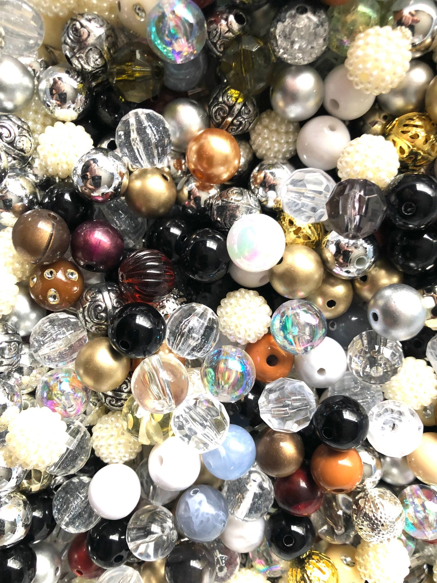 Bubblegum bead mix, assorted acrylic bead lot 12mm Neutrals mix white, cream. silver, gold bead mix styles