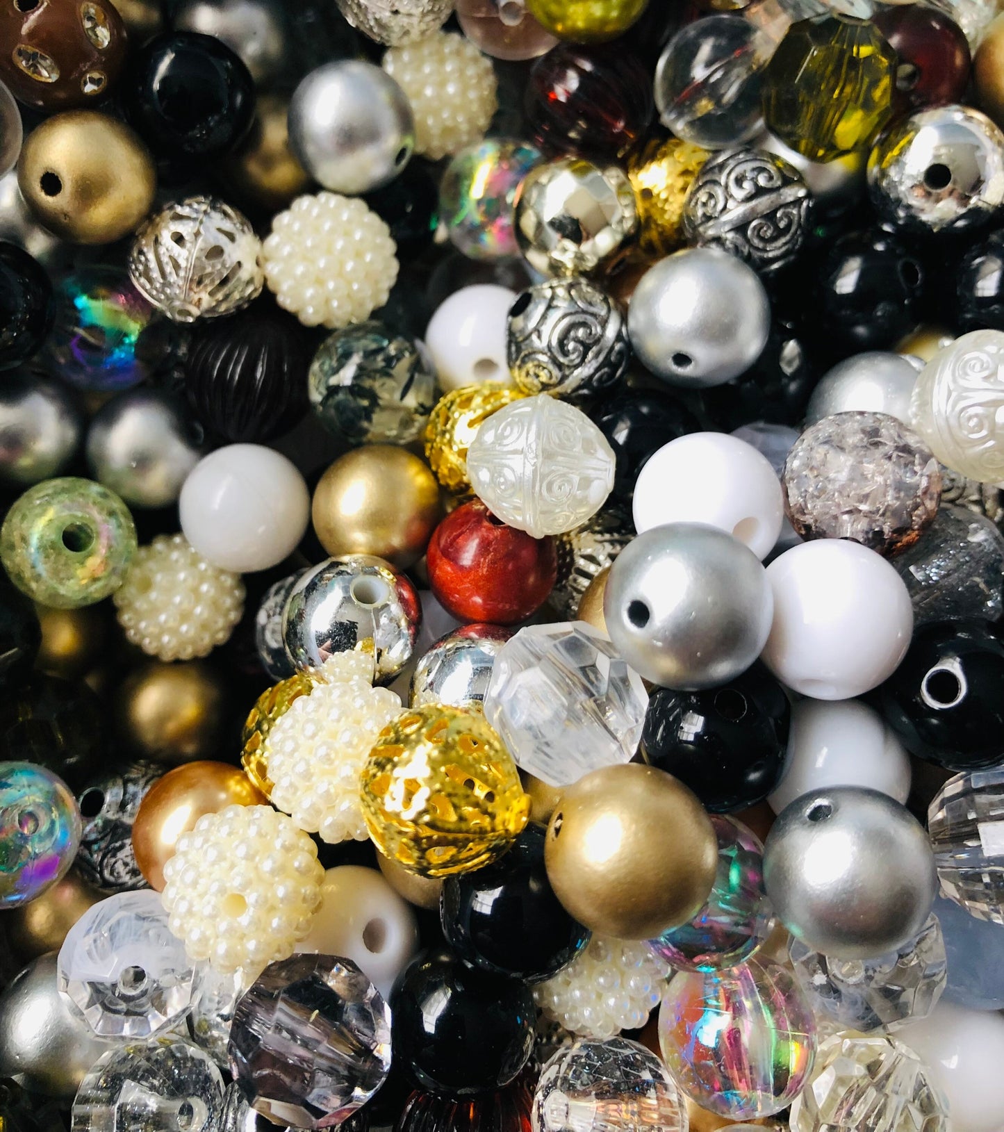 Bubblegum bead mix, assorted acrylic bead lot 12mm Neutrals mix white, cream. silver, gold bead mix styles