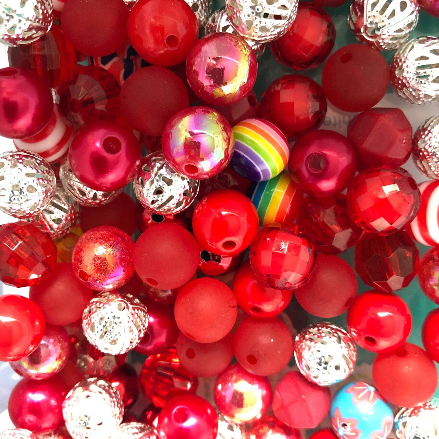 Red bubblegum bead mix, acrylic 12mm beads, assorted mix red silver theme Passion lot bead soup