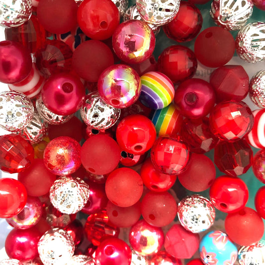 Red  bubblegum bead mix, acrylic 12mm beads,  assorted mix red silver theme Passion lot  bead soup