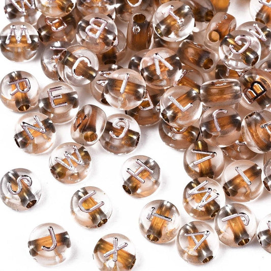 Clear letter with brown and silver alpabet Beads Round Acrylic 7mm letter beads Pick your beads bulk bead lot clear letter lot