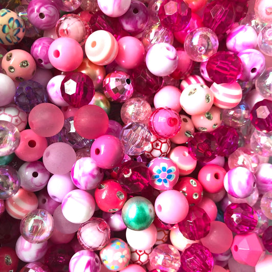 Pink bubblegum bead mix, 12mm acrylic beads assorted bulk mix Pink Silver theme bead soup