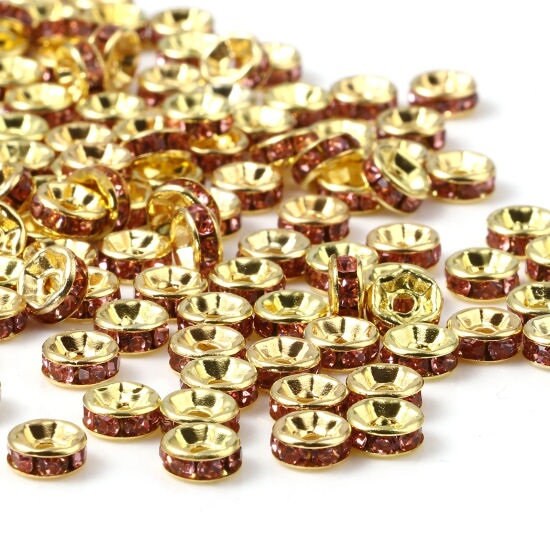 Rhinestone rondelle , 6mm gold plated spacer bead, purple crystal bead