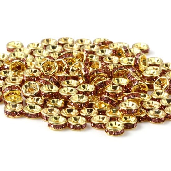 Rhinestone rondelle , 6mm gold plated spacer bead, purple crystal bead