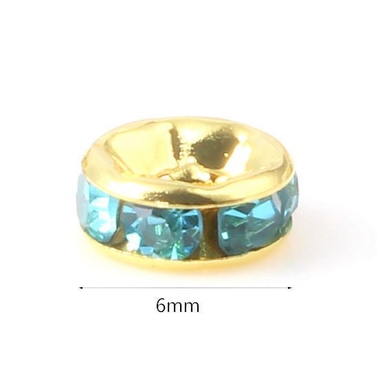 Rhinestone rondelle , 6mm gold plated spacer bead, blue crystal bead